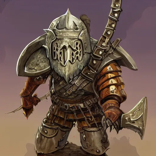 Image similar to d & d, short haired armored bugbear wielding rusty cleaver with chains and a shield, large backpack and and a greatsword wearing mossy rags and a poorly fitted helmet and chestplate