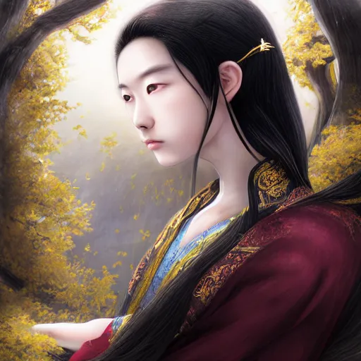 Image similar to a portrait of a young beautiful Chinese prince, golden eyes, long black hair, elegant, intricate, backlit, incredible lighting, strong rim light, subsurface scattering, realistic anime, epic beautiful landscape, cherry trees, highly detailed, god rays, digital painting, by Heise Jinyao, Heise-Lian Yan Fang, Feimo, Rossdraws, HDRI, vivid colors, high contrast, 8k