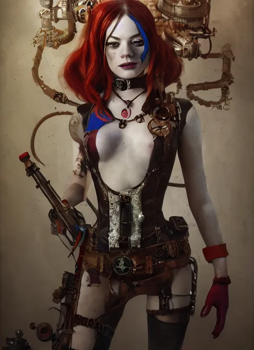 Image similar to underwater steampunk portrait of emma stone as harley quinn, hyper detailed, digital art, trending in artstation, cinematic lighting, studio quality, smooth render, unreal engine 5 rendered, octane rendered, art style by klimt and nixeu and ian sprigger and wlop and krenz cushart.