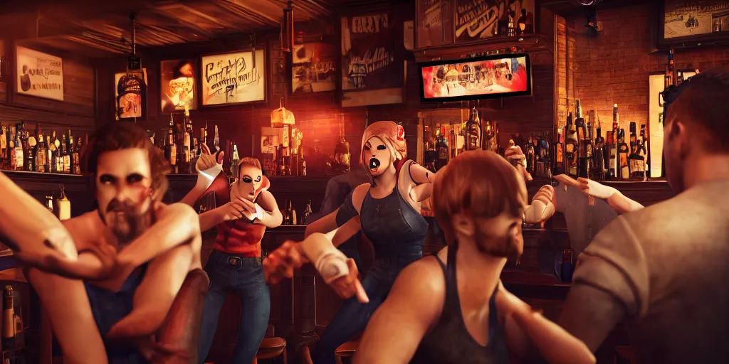 Image similar to a photo of a bar fight inside a pub between cosplayers, detailed faces, accurate faces, 4k, 3D render, hyperrealism, editorial, photorealistic, crisp details, sharp focus, wide angle lens, octane render, caustics