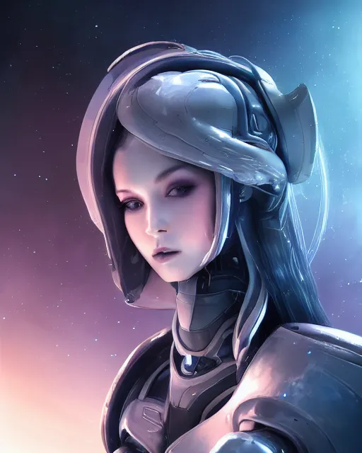 Image similar to perfect android girl on a mothership, warframe armor, beautiful face, scifi, futuristic, galaxy, nebula, raytracing, dreamy, long white hair, blue cyborg eyes, sharp focus, cinematic lighting, highly detailed, artstation, divine, by gauthier leblanc, kazuya takahashi, huifeng huang