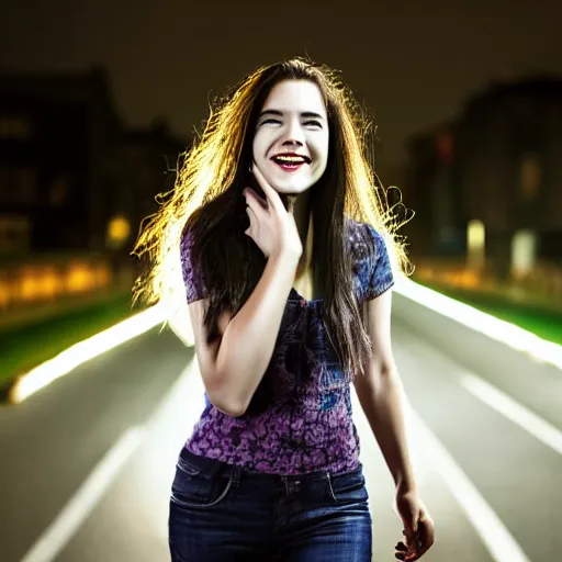 Prompt: head and shoulder shot of a female vampire walking home at night, hard lighting, professional studio, smile, vibrant colors, fashion, sideview