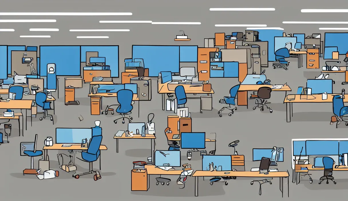 Image similar to a cartoon drawing of an office with desks chairs computers and other office equipment, saturday morning cartoon