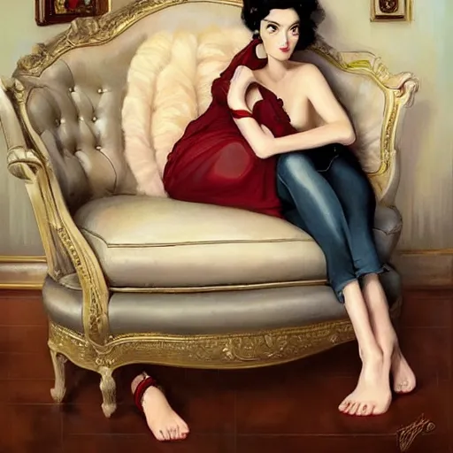 Image similar to lofi portrait on antique sofa, pixar style by Jonathan Yeo and Tom Bagshaw and Joe Fenton