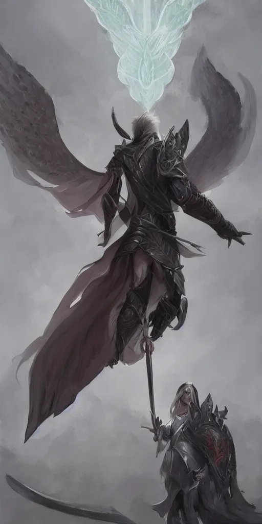 Prompt: a warrior in armor with wings behind his back and holding a sword, spirit fantasy concept art ， art by charlie bowater, trending on artstation.