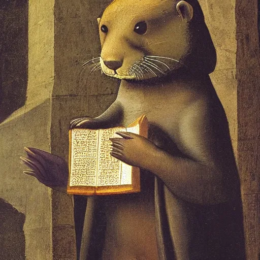 Image similar to Painting of an otter wearing nobleman's robes, holding a prayer book in a chapel, by Leonardo Da Vinci