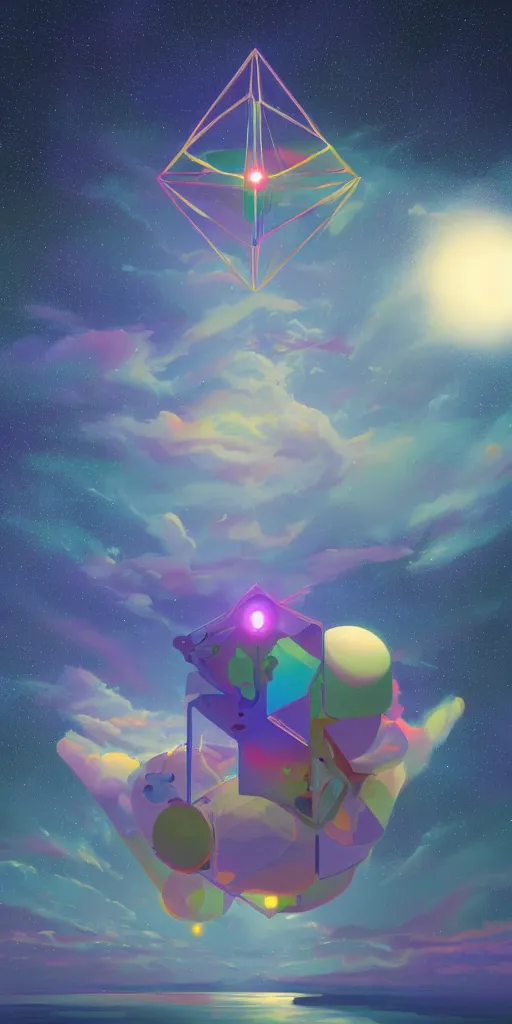 Prompt: beeple, a painting by ralph mcquarrie of floating molecules and icosahedron with stars, clouds, and rainbows in the background, trending on artstation, masterpiece, incredible details