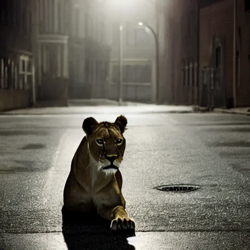 Prompt: empty street, lioness, portrait, at night, by addy campbell, cinematography by jim jarmusch