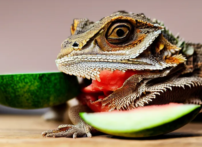 Prompt: dslr portrait still of a bearded dragon eating a slice of watermelon, 8 k 8 5 mm f 1. 4