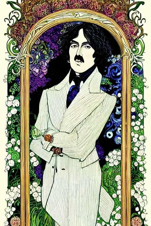 Prompt: realistic profile portrait of oscar wilde in the center of an ornate floral frame looking into a mirror, detailed art by kay nielsen and walter crane, illustration style, watercolor