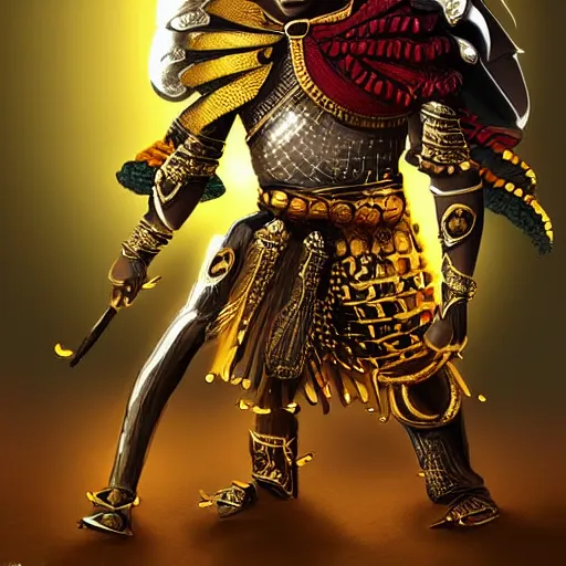 Image similar to a young black boy dressed like an african moorish warrior in gold armor and a crown with a ruby, posing with a very ornate glowing electric spear!!!!, for honor character digital illustration portrait design, by android jones in a psychedelic fantasy style, dramatic lighting, hero pose, wide angle dynamic portrait