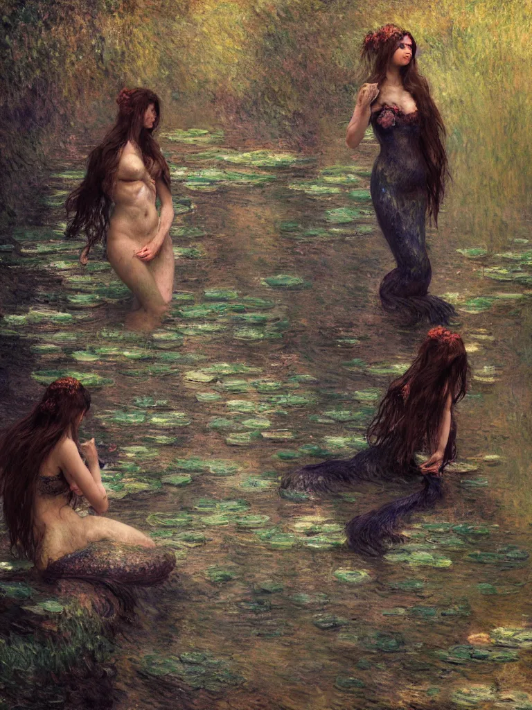 Prompt: illustration studio portrait of three dark beautiful mermaids female energy in artistic poses in the river at the forest, monet painterly motives and textures pattern, hyper detailed, octane render, vivid colors, artstation, by jeremy mann, by alphonse mucha, by monet