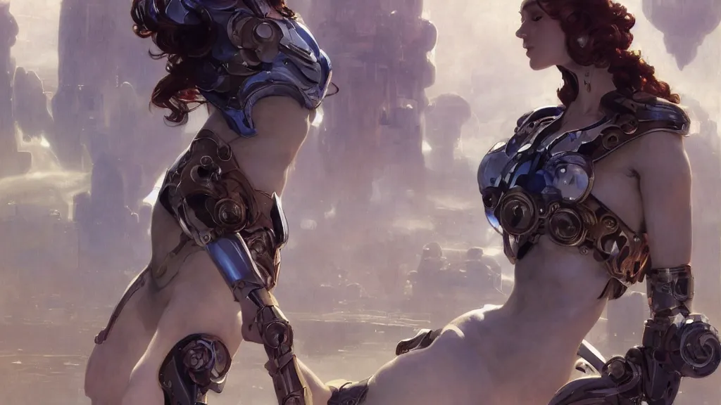 Image similar to modern elegant female cyborg greek goddess, space opera, feminine, powerful, beautiful, upper body, muscular, armour, highly detailed, digital painting, ghibli animated film, volumetric lighting, octane render artstation, concept art, smooth, sharp focus, illustration, by gaston bussiere, mucha, gerome, craig mullins, greg rutkowski, john singer sargent