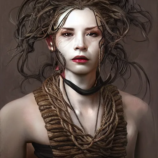 Image similar to portrait of a Shibari rope wrapped face and neck, headshot, insanely nice professional hair style, dramatic hair color, digital painting, of a old 17th century, old cyborg merchant, amber jewels, baroque, ornate clothing, scifi, realistic, hyperdetailed, chiaroscuro, concept art, art by Franz Hals and Jon Foster and Ayami Kojima and Amano and Karol Bak,