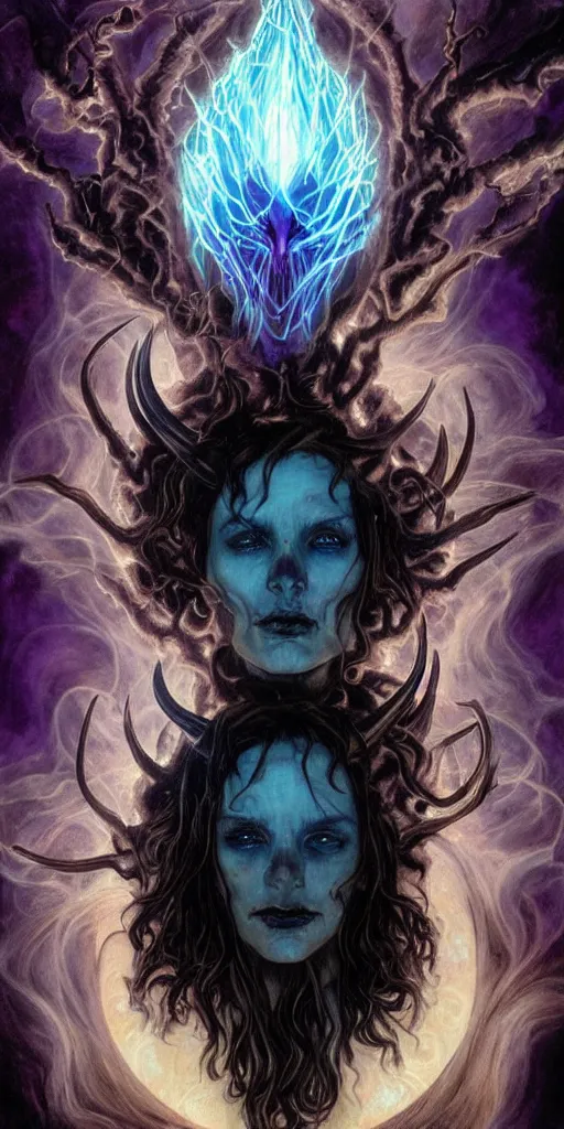 Image similar to intense glowing black metal pagan god with horns and veins and intense glowing eyes and a skull in very dark cosmic space by karol bak and artgerm and alphonse mucha, portrait, fantasy, clear, light beams, lens flare, intense, uhd, amazing depth, cinematic lighting, purple and violet and indigo and blue