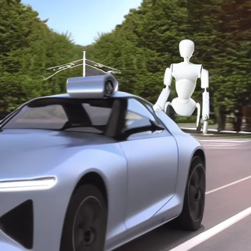 Prompt: a humanoid robot pushing a car, photorealistic, ultra realistic, hyper real, photo real,