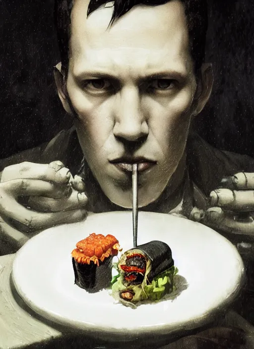 Prompt: highly detailed portrait of h p lovecraft eating shushi by greg rutkowski, mike mignola, tom bagshaw artgerm and ross tran, beautiful dramatic dark moody lighting, cinematic atmosphere, glossy magazine painting, global illumination, deep color, 8 k resolution, high details, flickr, dslr, artstation