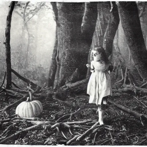 Prompt: spooky 1860 photo of an ancient girl demon devouring the human kind on a dark forest