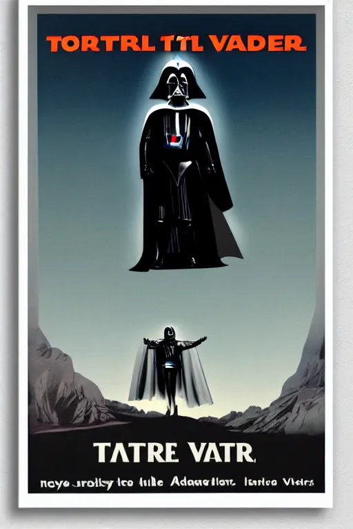 Prompt: vintage travel poster of darth vader