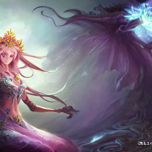 Image similar to selemene, moon goddess, studio mir, lotus plants, dragons, elemental, magic, fantasy, anime. the book dota. concept art, fantasy art, manga, elves, 1 6 k resolution, dof, trending on cgsociety.