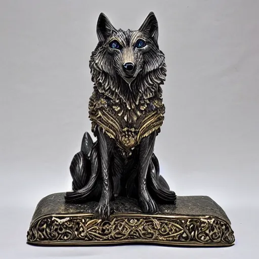 Prompt: gorgeous wolf statue with gold filigree, carved marble