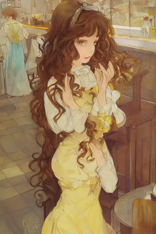 Prompt: A girl in a maid's outfit in a cafe a afternoon, wavy hair yellow theme,S line,45 angel by krenz cushart and mucha and trnyteal and ra-lilium