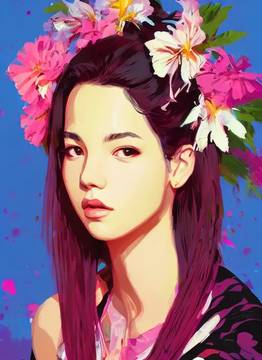 Prompt: lisa blackpink portrait illustration, pop art, splash painting, beautiful floral and plants ornaments in cloth and hair, art by ilya kuvshinov, greg rutkowski and makoto shinkai, dan mumford, artstation