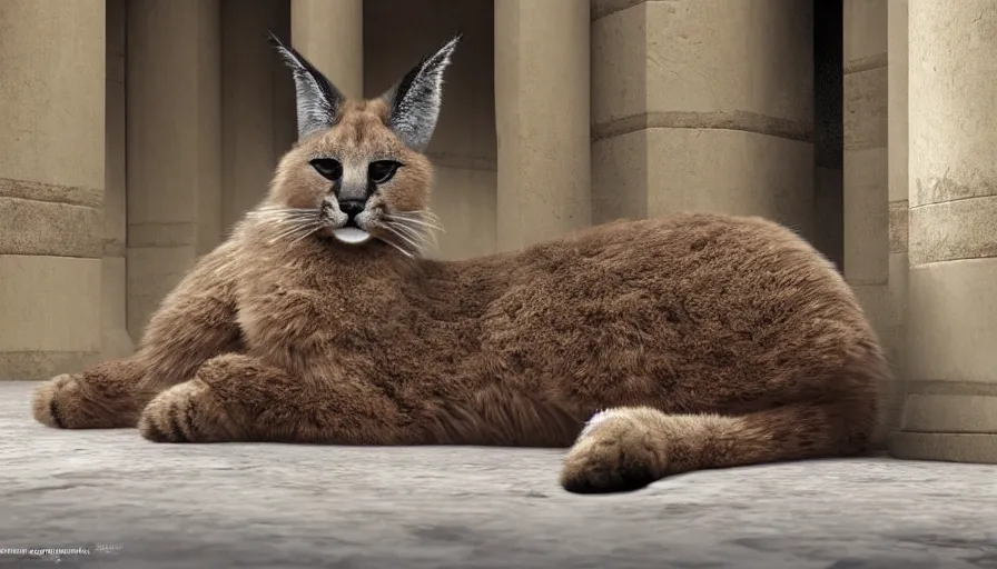 Image similar to longshot photo of cute fluffy caracal lying in wooden barrel lying on one side, ancient greek city, marble columns, sunny day, by ilya kuvshinov, rtx rendering, octane render 1 2 8 k, maya, extreme high intricate details by tom bagshaw, medium shot, close up shot, composition by sana takeda, lighting by greg rutkowski