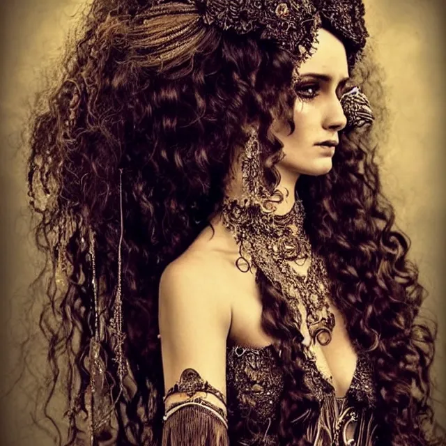 Prompt: ethereal beautiful woman with long curly hair in romany gypsy outfit, high detail, detailed dark eyeshadow, brown dark aesthetic, fantasy, epic style
