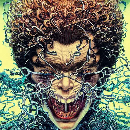 Image similar to portrait of crazy face tearing apart, symmetrical, by yoichi hatakenaka, masamune shirow, josan gonzales and dan mumford, ayami kojima, takato yamamoto, barclay shaw, karol bak, yukito kishiro