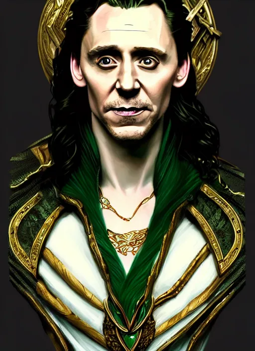 Prompt: portrait of tom hiddleston as a sultry vampire lord, loki, jewelry, greek, emerald, intricate, headshot, highly detailed, digital painting, artstation, concept art, sharp focus, cinematic lighting, illustration, art by artgerm and greg rutkowski, alphonse mucha, cgsociety