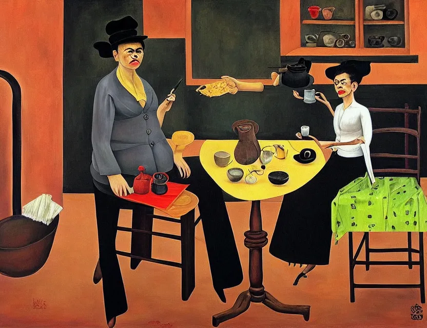Prompt: a painting of a old and strange dusty professor in black suite and hat and a old woman making a study of drinking 1 0 cups of black coffee in 5 seconds in a kitchen that is melting, styled and painted by frida kahlo
