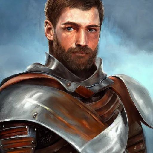 Image similar to realistic painting character portrait young scarred captain knight with a steel breastplate, short brown hair and stubble. straight nose, brown eyes, lean face and build. holding a longsword with a longbow on his back. hyper detailed