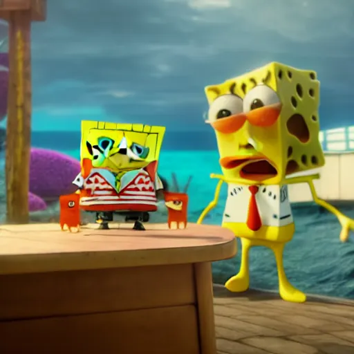 Image similar to Keanu Reevez in the role of SpongeBob . Octane render, 4k, 8k, unreal 5, very detailed, hyper realism, trending on artstation.