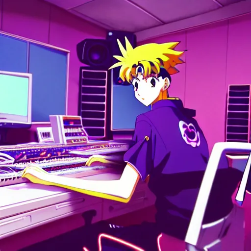 Image similar to An anime character working in their music studio. 90s anime, Sailor Moon, Neon Genesis, official art, flat cell shading, fantastic screenshot art, trending on artstation