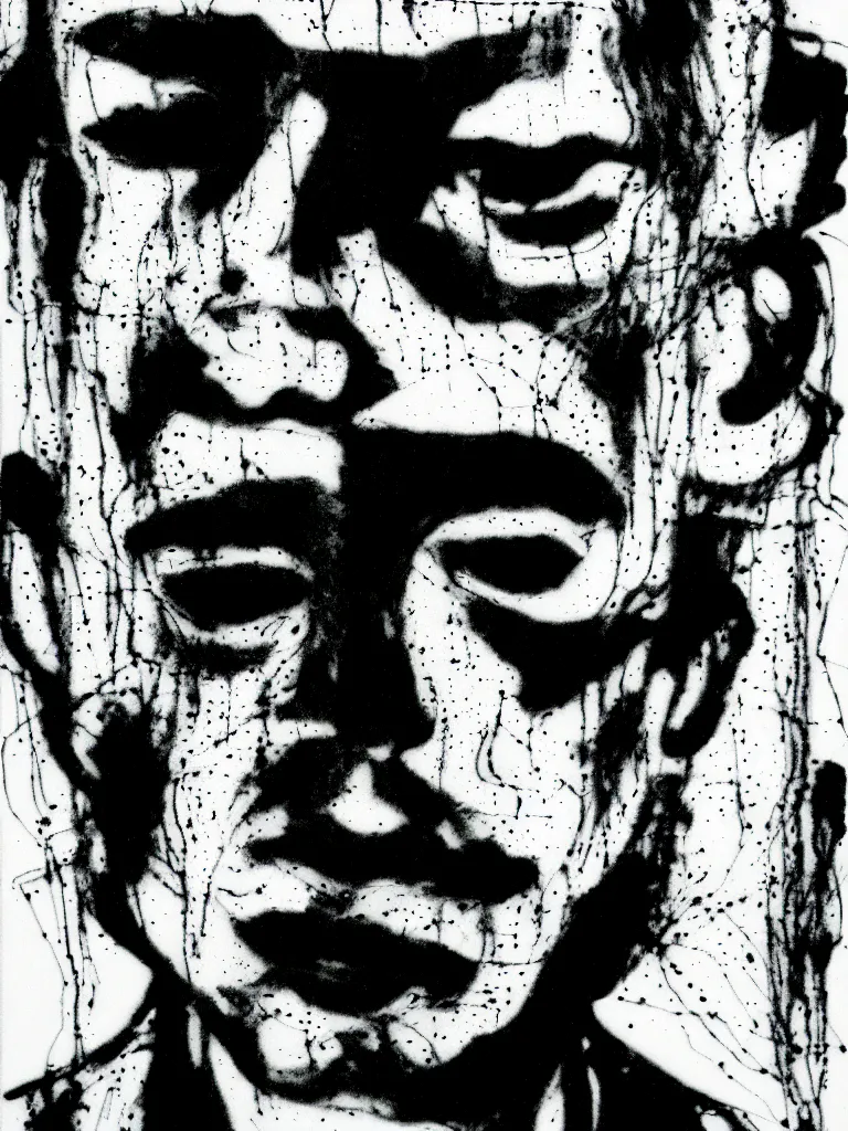 Prompt: a black and white, glitch, serigraphy, portrait of a man, ink, acrylic paint, ilford hp 5, black and white, high contrast, sad, random geonetric glitchy lines