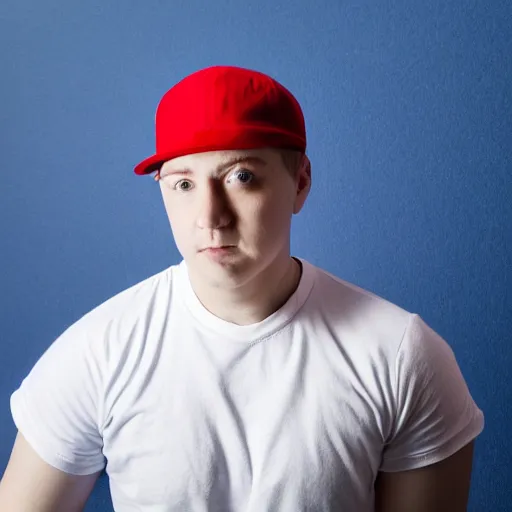 Image similar to a full body shot of an average white, short young - adult man with blue colored hair, wearing a red backwards cap, white t - shirt with a red no symbol on it, blue long pants and red shoes, holding a microphone, studio lighting, photoshoot, grey background