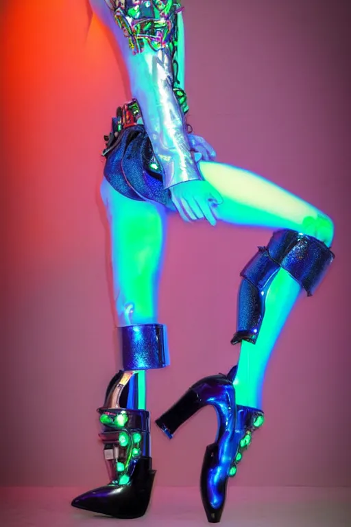 Image similar to full-body neon porcelain baroque bladerunner style sculpture of young royal dancers Kazaky in masculine black high heel boots as a high-fashion half-robot wearing retro shades with a porcelain body with an opening exposing a corrupted battery leaking blue glowing radioactive liquid, electric sparks, glowing violet laser beam eyes, crown of giant rubies, flowing pink and orange neon-colored glitched silk, luminescent fabrics, mechanical raptors. baroque and steampunk elements. full-length view. baroque element. intricate artwork by caravaggio. Very very very very highly detailed epic photo of face. Trending on artstation, octane render, cinematic lighting from the right, hyper realism, octane render, 8k, depth of field, 3D