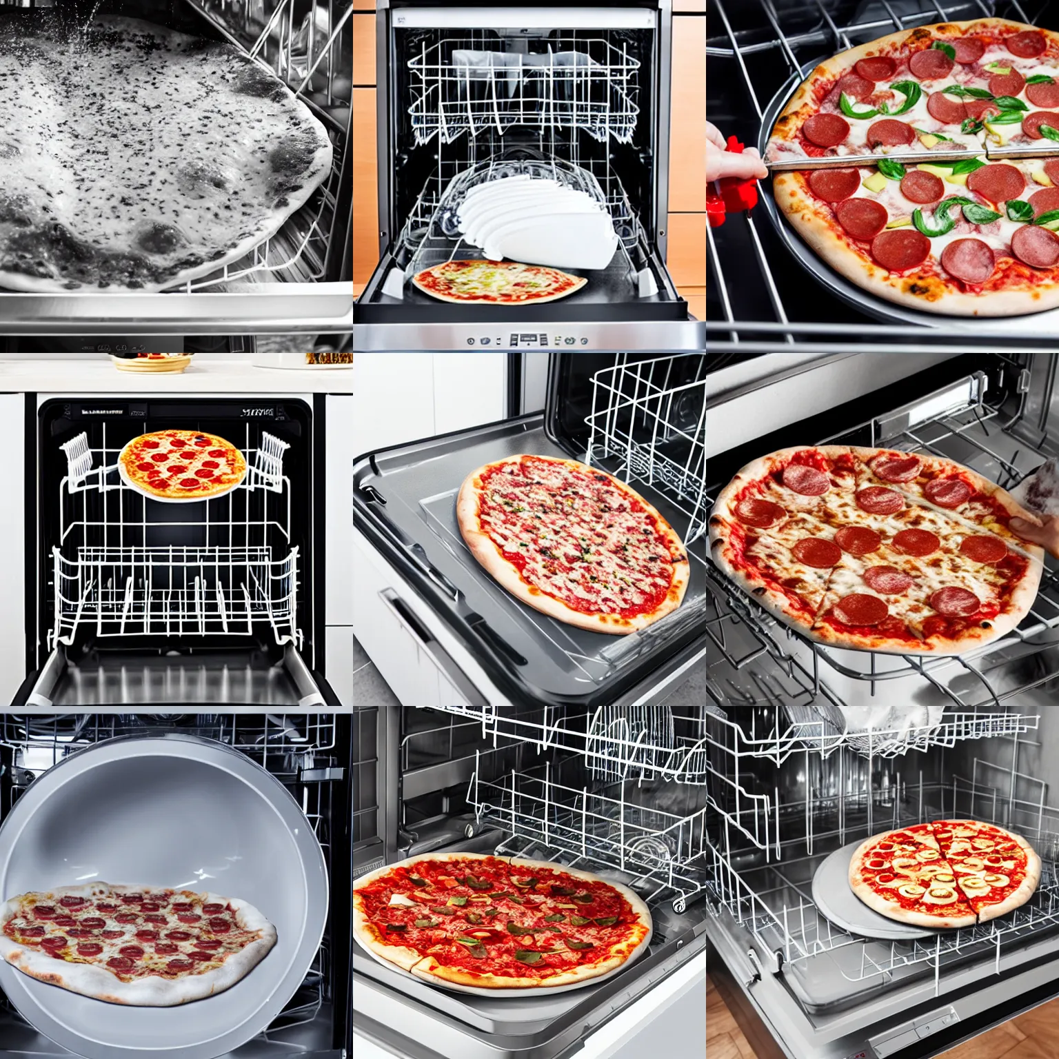 Prompt: Washing a whole pizza in the dishwasher, photo highly-detailed award-winning 4K