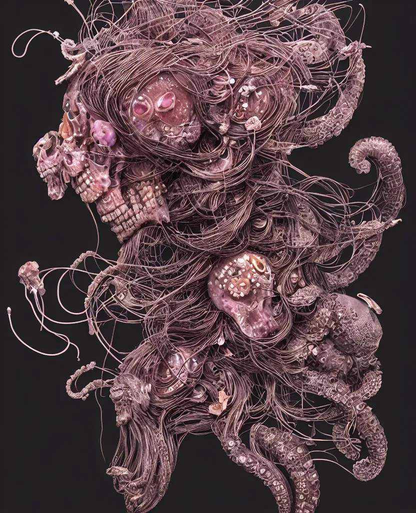 Image similar to fully black background. background hex 000000. goddess princess face close-up portrait ram skull. japanese coloured paper bas relief paper sculpture. jellyfish phoenix head, nautilus, orchid, skull, betta fish, bioluminiscent creatures, intricate artwork by Tooth Wu and wlop and beeple. octane render, trending on artstation, greg rutkowski very coherent symmetrical artwork. cinematic, hyper realism, high detail, octane render, 8k