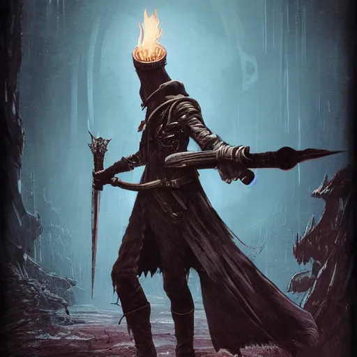 Prompt: hunter from bloodborne holding a torch, retrofuturism, toonami, redshift, concept art by otomo katsuhiro, behance contest winner, official art