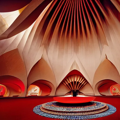 Prompt: interior of a futuristic lotus temple with gold, red and white marble panels, in the desert, by buckminster fuller, intricate contemporary architecture, photo journalism, photography, cinematic, national geographic photoshoot