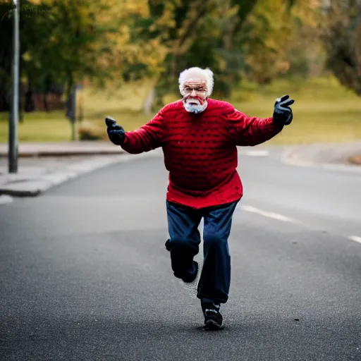 Image similar to An elderly man running from a giant humanoid sausage, Canon EOS R3, f/1.4, ISO 200, 1/160s, 8K, RAW, unedited, symmetrical balance, in-frame