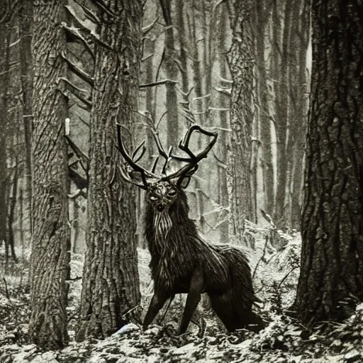 Image similar to old photo of a Leshen amongst the trees