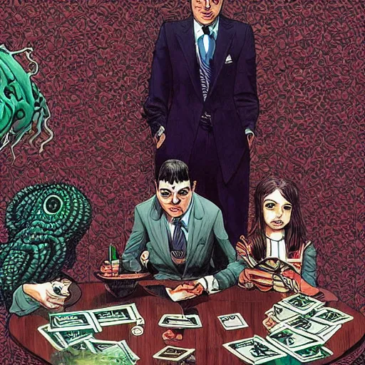 Prompt: Cthulhu as a modern day business man with a family and a drug and gambling addiction, necronomicon is the family Bible , Junji Ito and Greg rutkowski, psychedelic , 50s style infomercial , award winning , retro futuristic