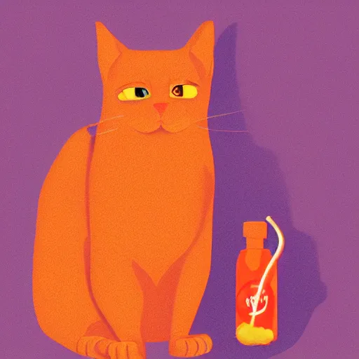 Image similar to a cat standing next to a bottle of medicine. orange cat. animal. digital art. artstation. illustration.