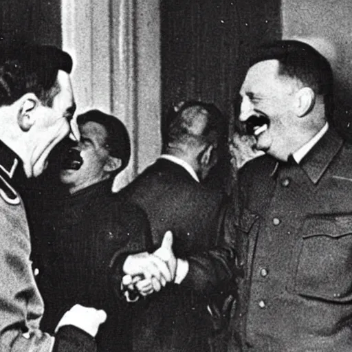 Image similar to stalin laughing along hitler in a ww 2 photograph