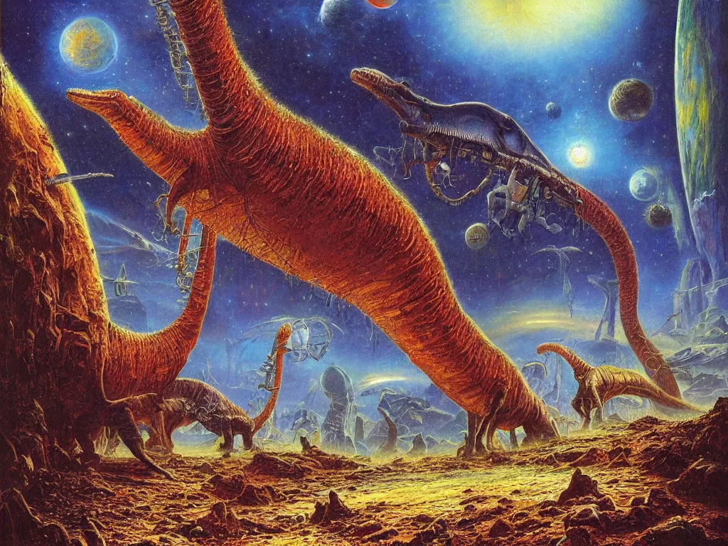 Image similar to no mans sky, acid, by bob eggleton, diplodocus