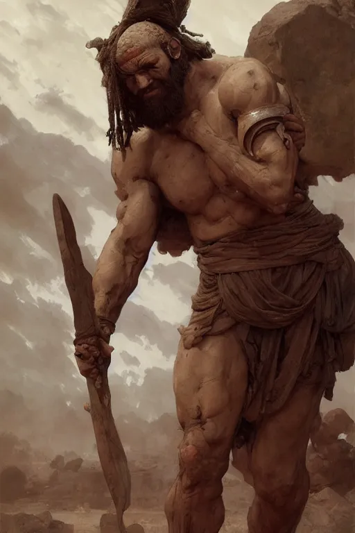 Image similar to ancient historically accurate depiction of the Bible Character Goliath of Gath, the Philistine warrior giant by frank miller, illustration by Ruan Jia and Mandy Jurgens and William-Adolphe Bouguereau, Artgerm, 4k, digital art, surreal, space dandy style, highly detailed, godsend, artstation, digital painting, concept art, smooth, sharp focus, illustration by Ruan Jia and Mandy Jurgens and William-Adolphe Bouguereau, Artgerm