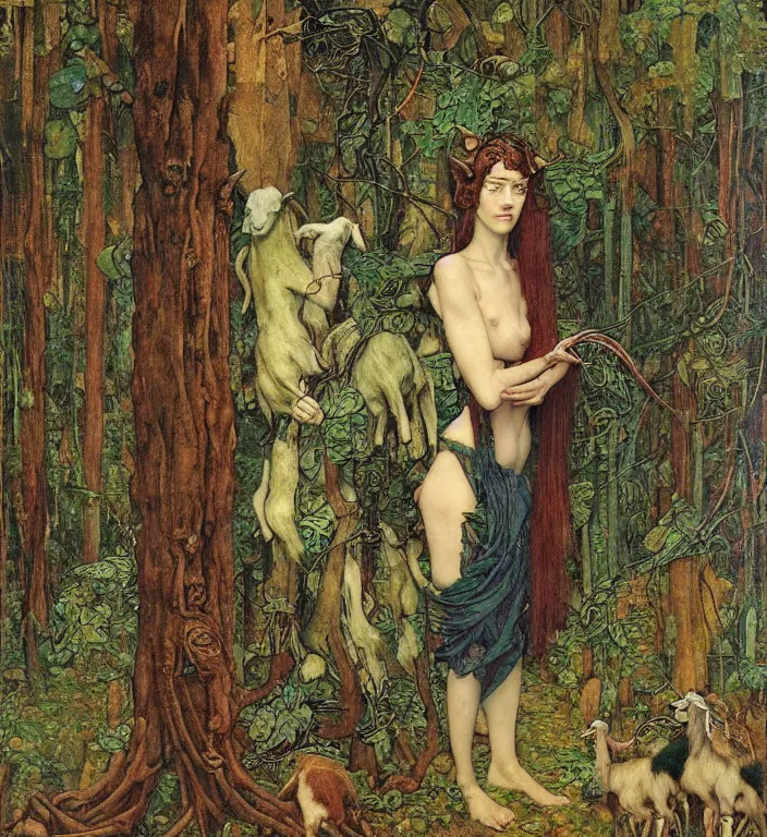 Prompt: pixelated corrupted professional pre-raphaelite photo of a person in the forest with a goat and a robot by Ivan Bilibin, Austin Osman Spare, Norman Rockwell, high quality, ultra detailed. Beksinski painting, part by Adrian Ghenie and Gerhard Richter. art by Takato Yamamoto. masterpiece, oil on canvas painting, pixelart